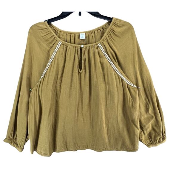 Old Navy Blouse Women L Golden Brown Relaxed Embroidered Stitch Boho Cottage Top - Picture 2 of 14